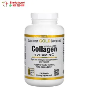 كبسولات كولاجين peptides + فيتامين ج النوعين الأول والثالث 250 قرص California Gold Nutrition Hydrolyzed Collagen Peptides + Vitamin C, Type I & III